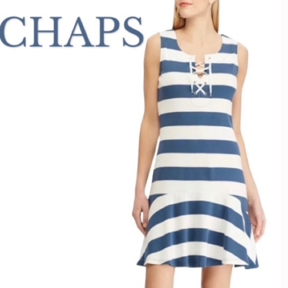 Chaps Women's Sleeveless Dress Sz Medium petit Navy Blue White Striped Nautical